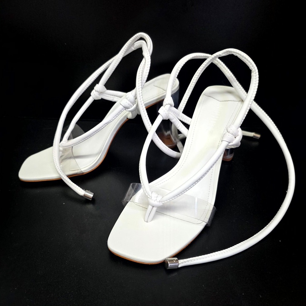 Schutz Siena Sandals Womens 8.5B White Clear Block Heel Lace Up Square Toe